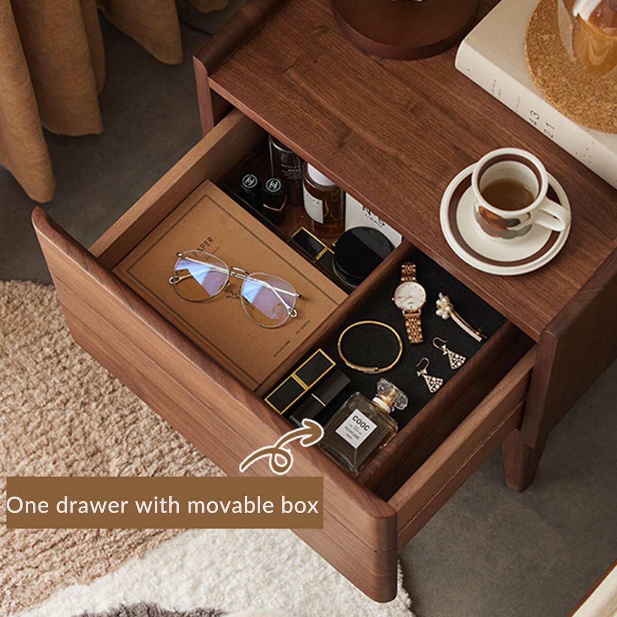 Stanley Solid Walnut Bedside Table drawer with removable organiser box