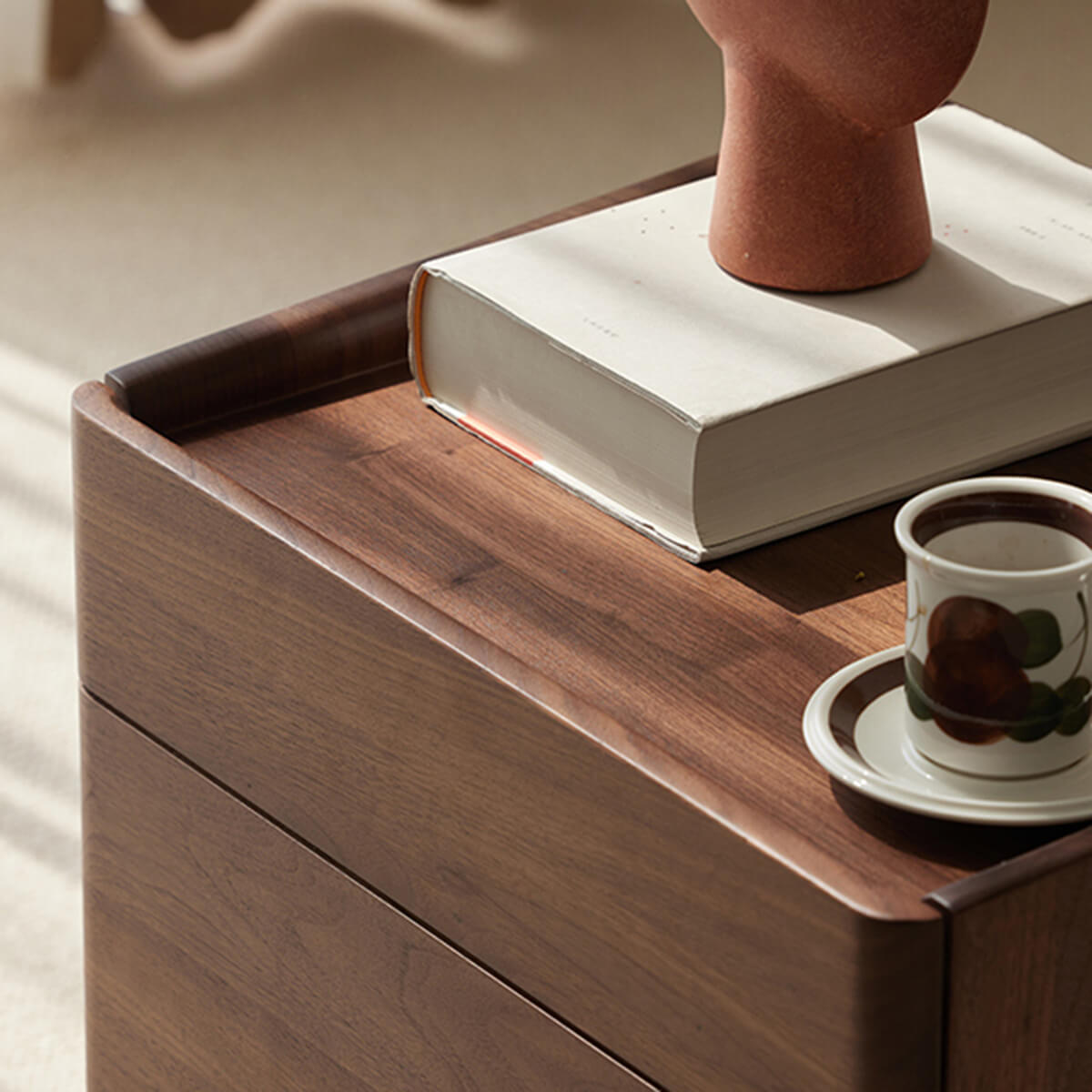 Stanley Solid Walnut Bedside Table with raised tray top surface