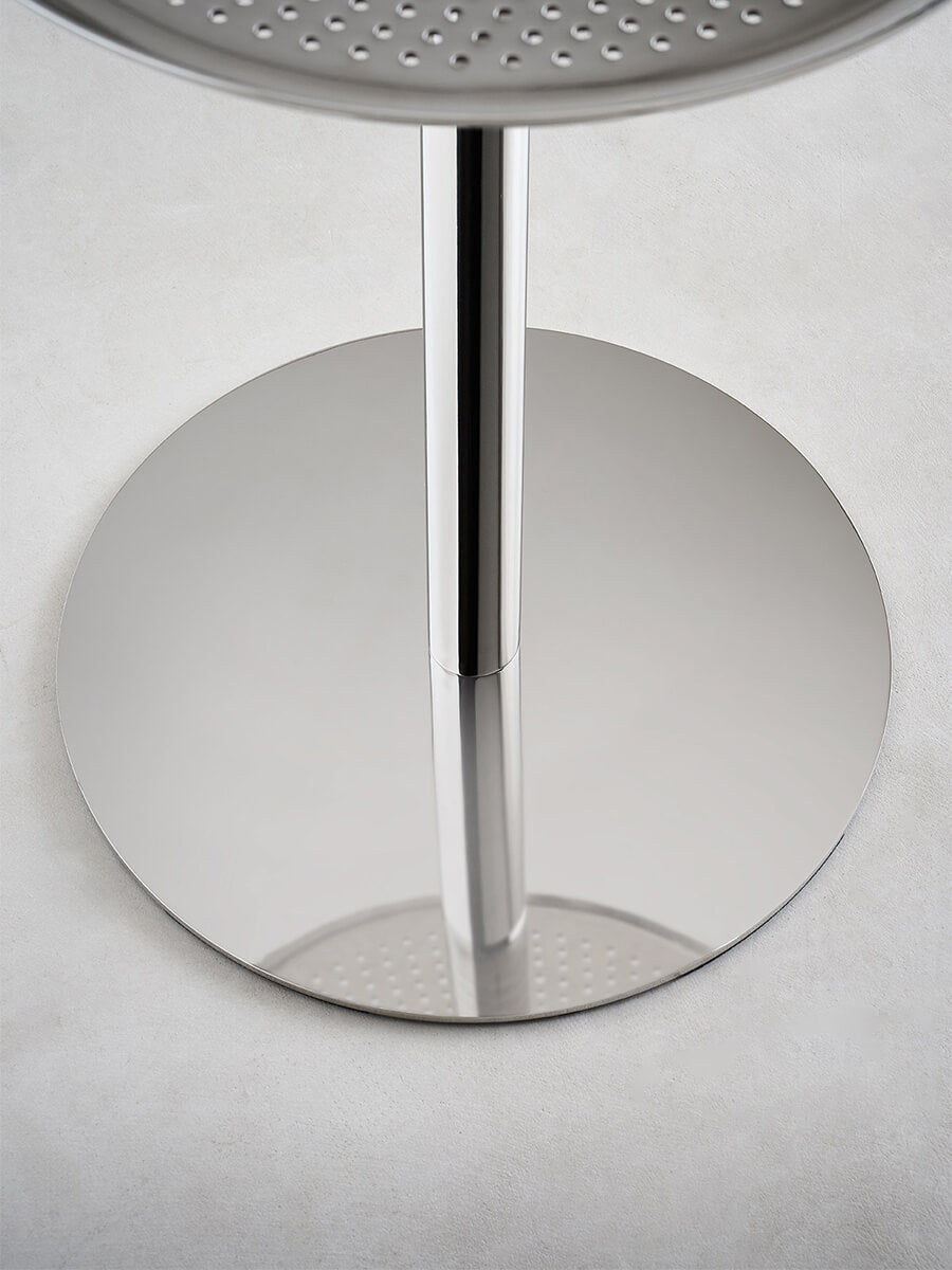 Sterling polished stainless steel pedestal and round base detail