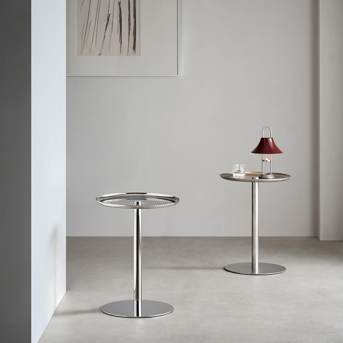 Sterling stainless steel side tables in polished and brushed finishes