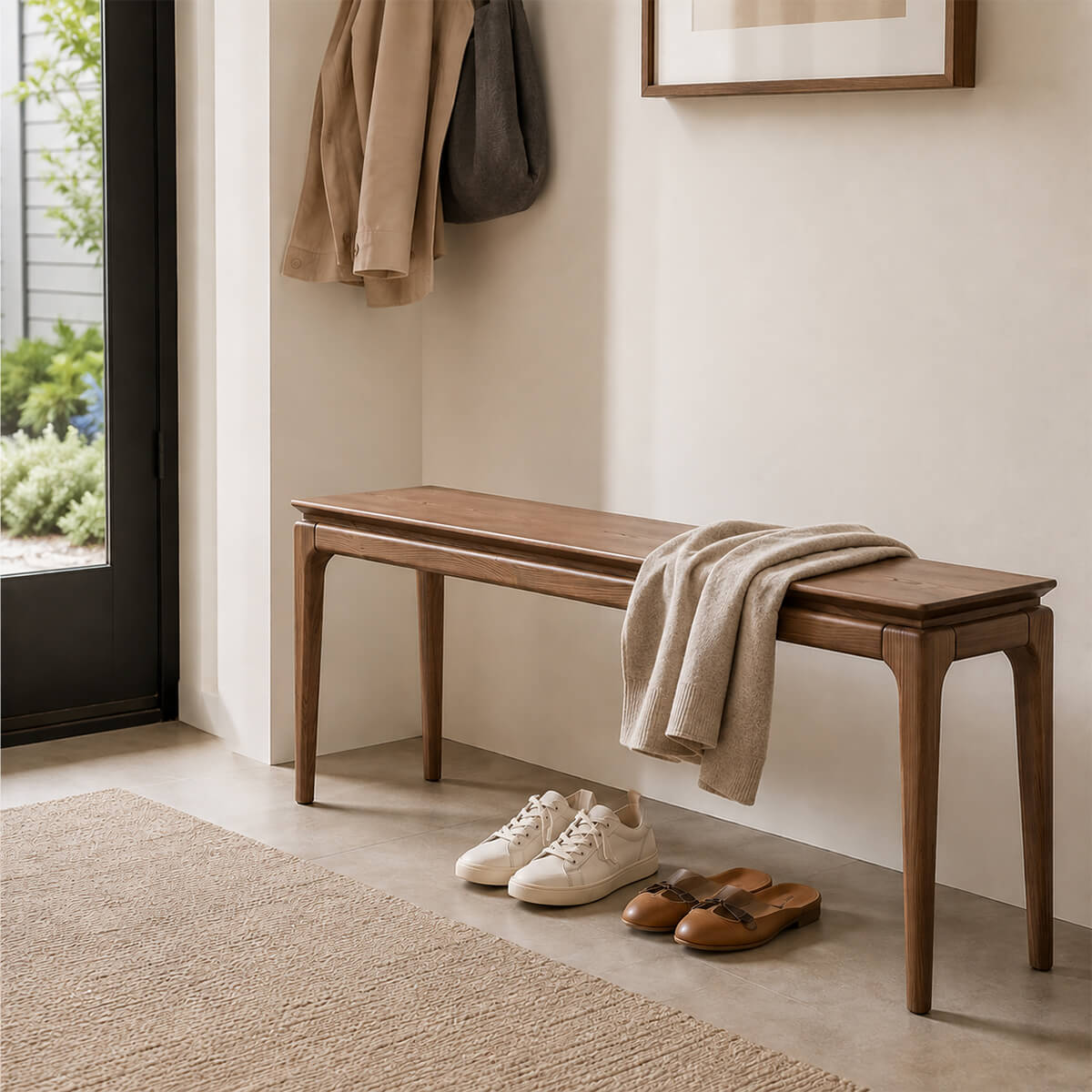 Stockholm Solid American Ash entryway bench in walnut finish