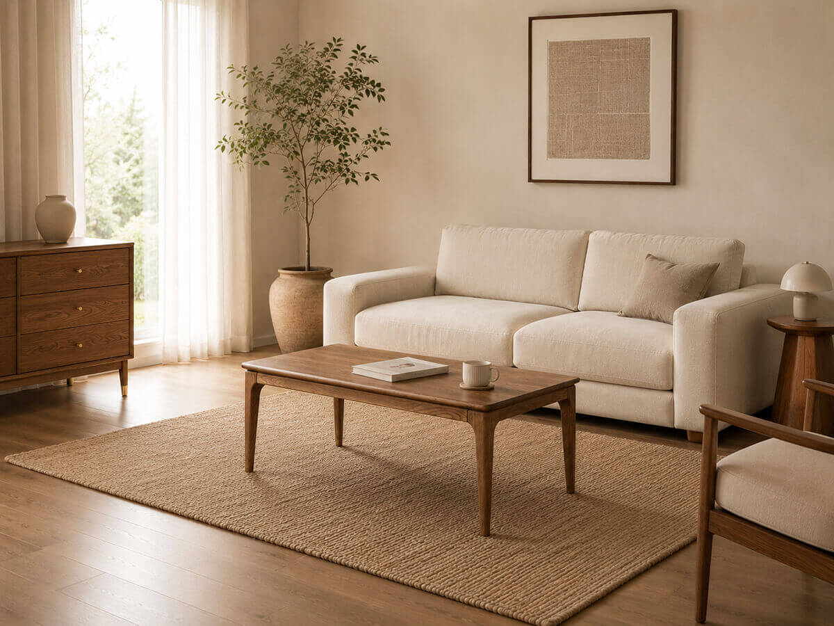 Stockholm solid ash coffee table styled in a bright living room
