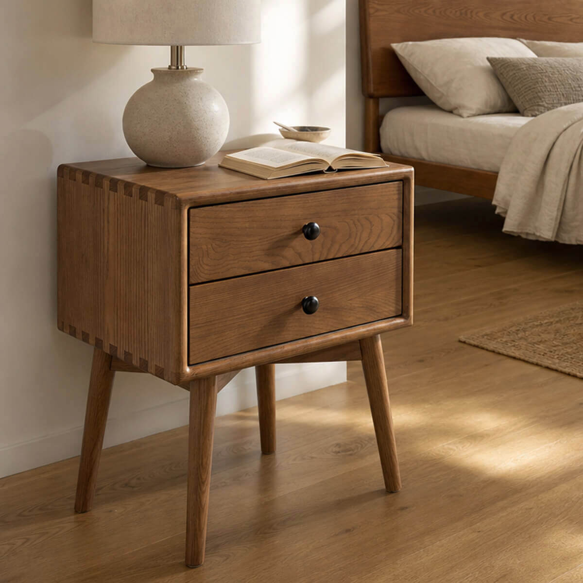 Stockholm Solid Timber Bedside Table in Scandinavian bedroom setting