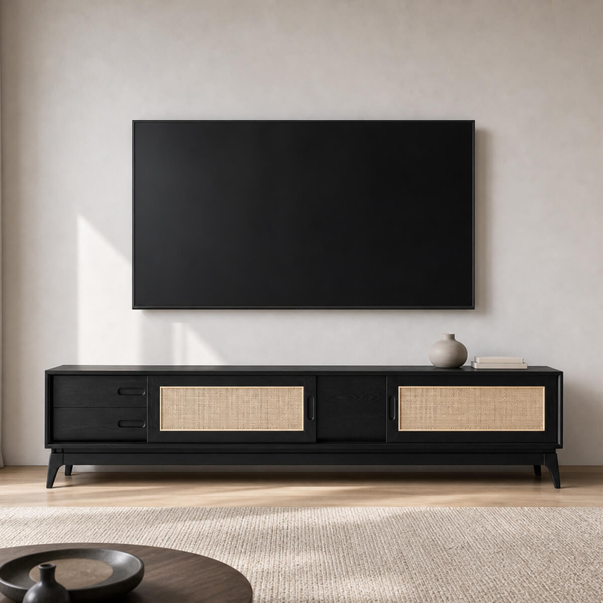 Stockholm Solid Ash TV Unit in Black with Rattan Sliding Doors
