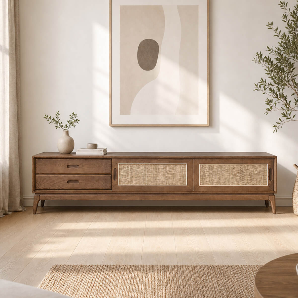 Stockholm Solid Ash TV Unit with Rattan Sliding Doors in Contemporary Living Room