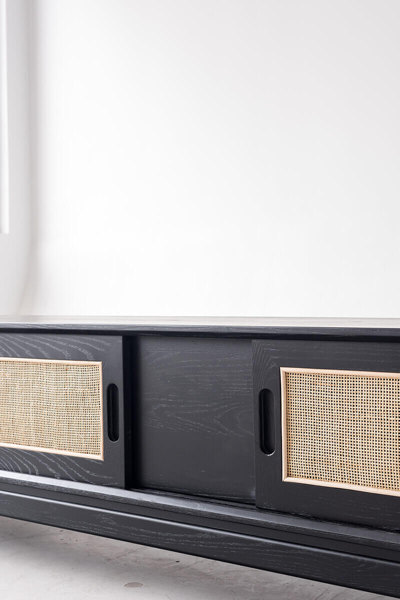 Stockholm Solid Ash TV Unit Rattan Sliding Door Detail