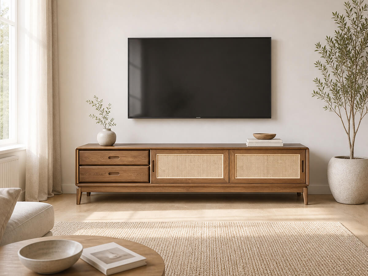 Stockholm Solid Ash TV Unit in walnut with Wall Mounted Television