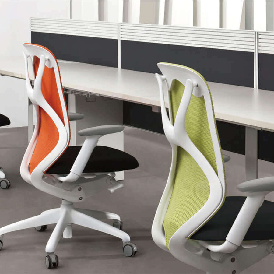 Image of a red and green suit office chairs