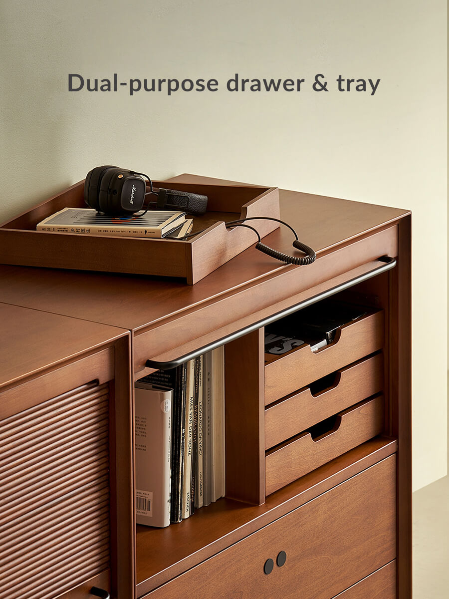 Tambour cabinet with dual-purpose upper drawer and removable storage tray
