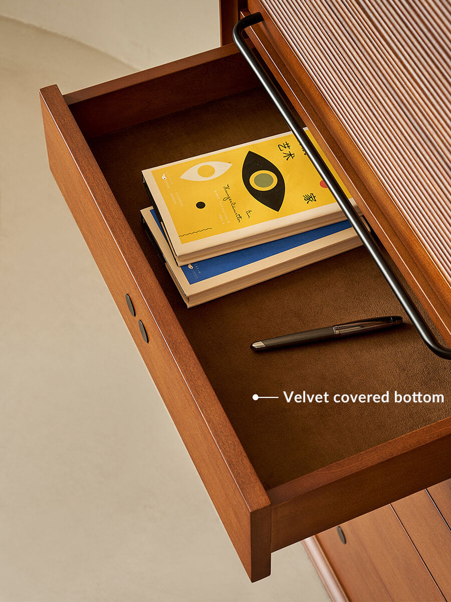 Open Tambour cabinet drawer with soft velvet-lined interior