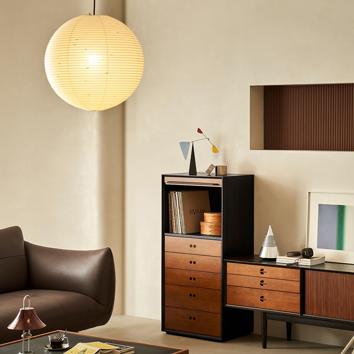 Tambour modular cabinets used for storage in a modern living room