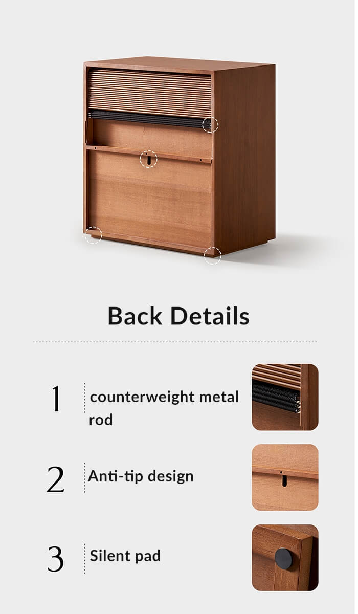 Rear details of Tambour modular cabinet with counterweight, anti-tip design and silent pads