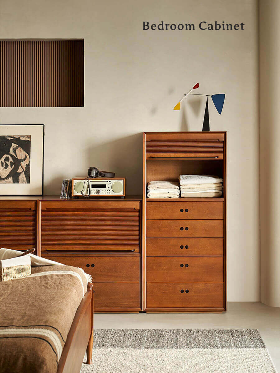 Tambour modular cabinets arranged as bedroom storage furniture