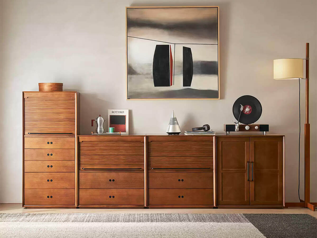Tambour modular cabinet collection arranged as living room storage