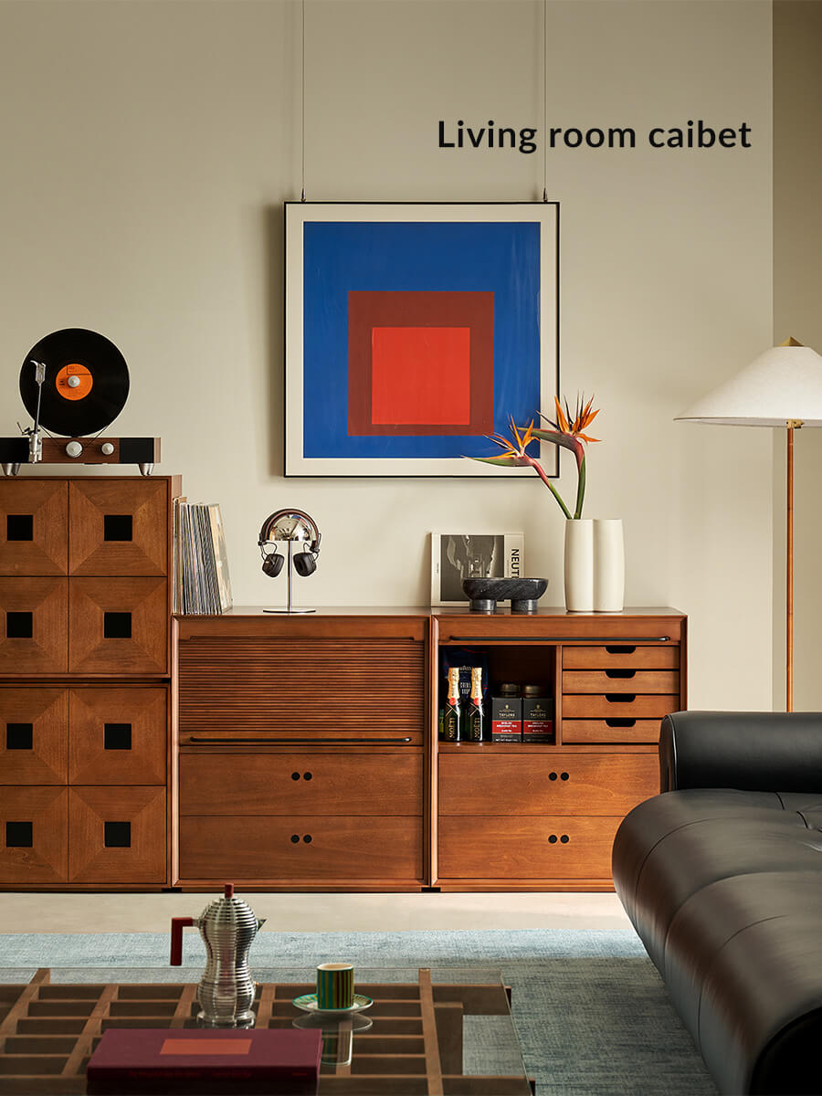 Tambour modular cabinets arranged as practical living room storage