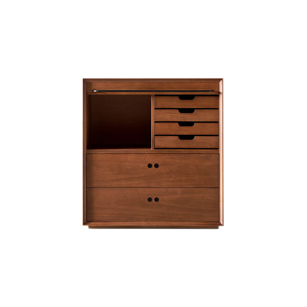 Tambour modular cabinet with open shelf, small drawers and lower storage