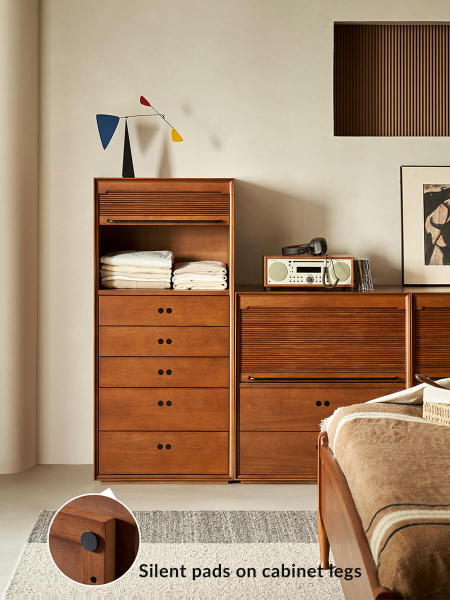 Tambour modular cabinets showing silent pads and protective cabinet feet