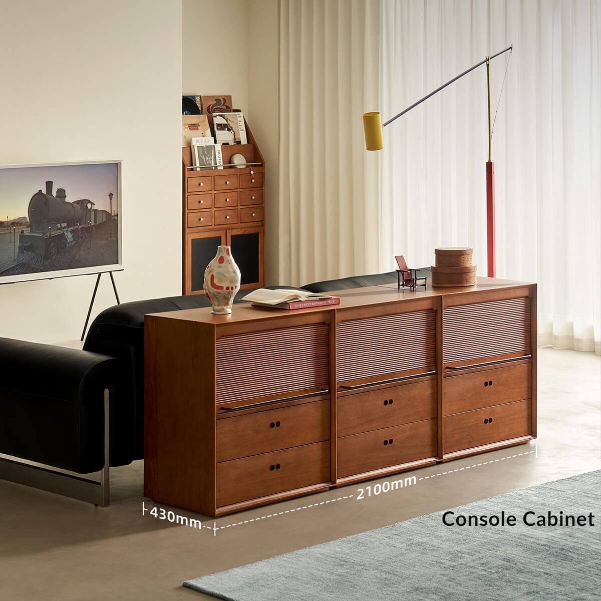 Two low Tambour modular cabinets combined as a long console cabinet