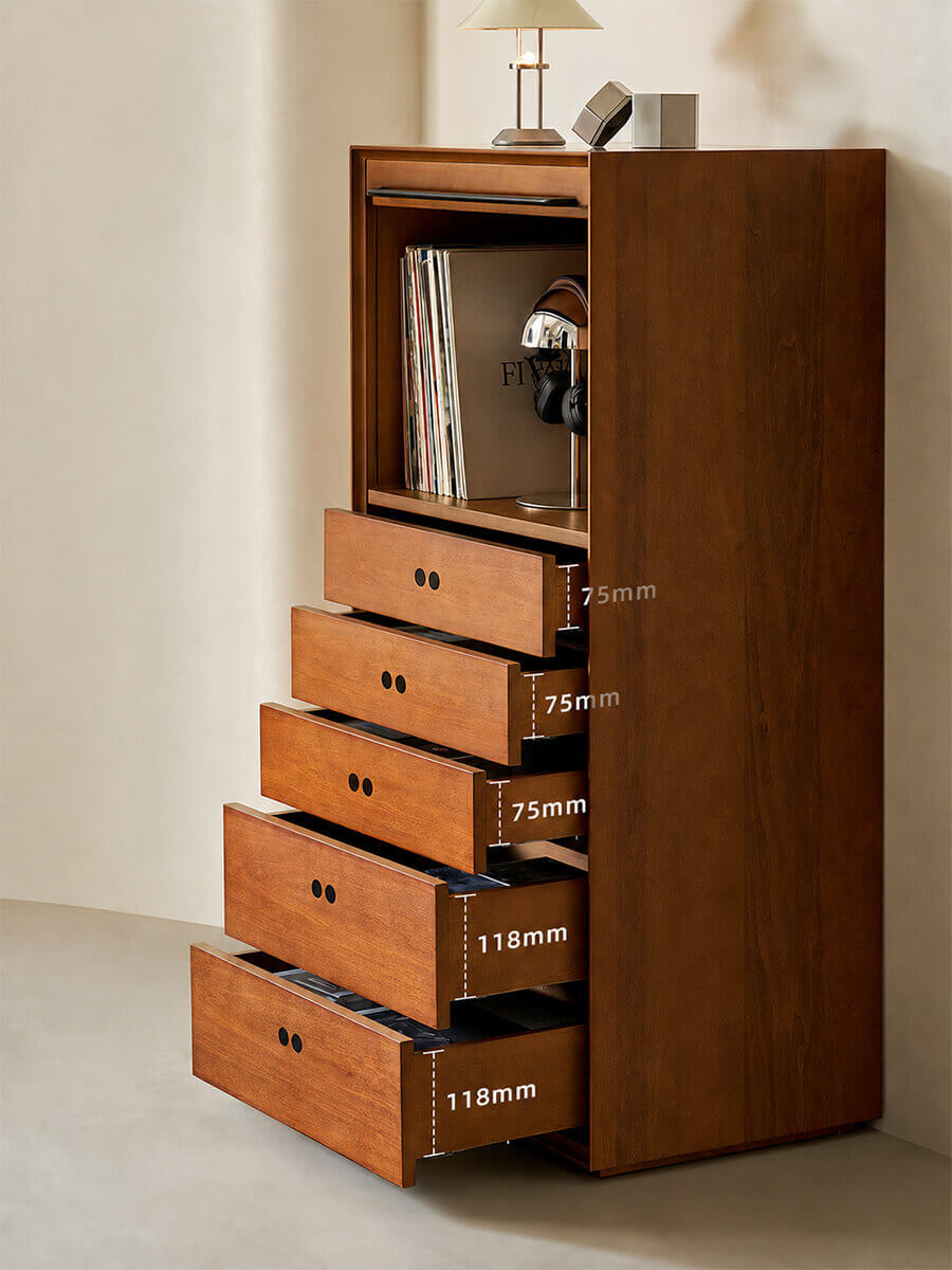 Tall Tambour cabinet with five drawers open and display storage above