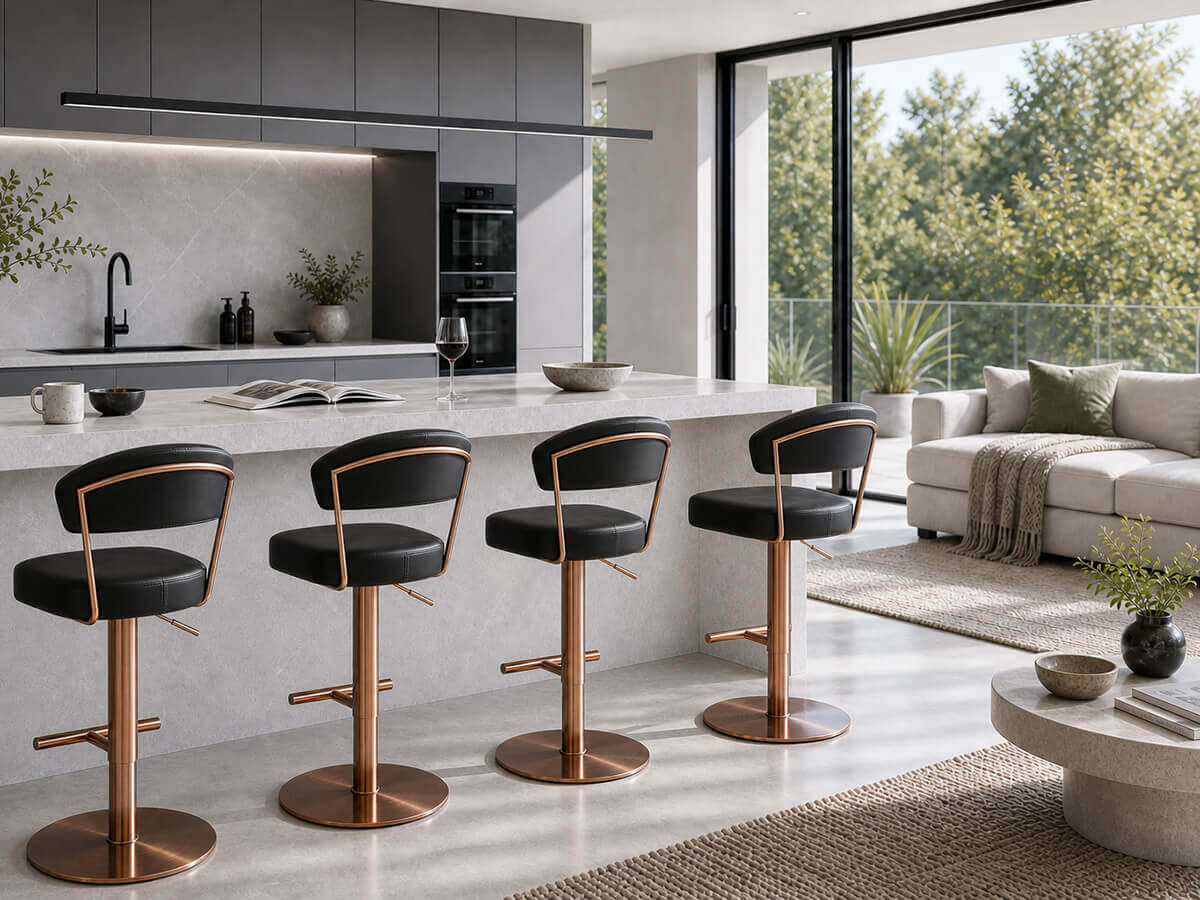 Terri swivel gas lift bar stools around a modern kitchen island