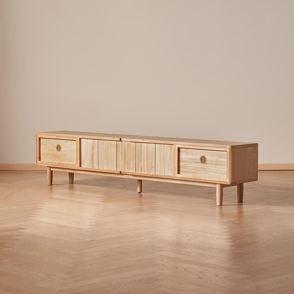Rear view of the Toren solid oak TV unit showing removable ventilated back panels