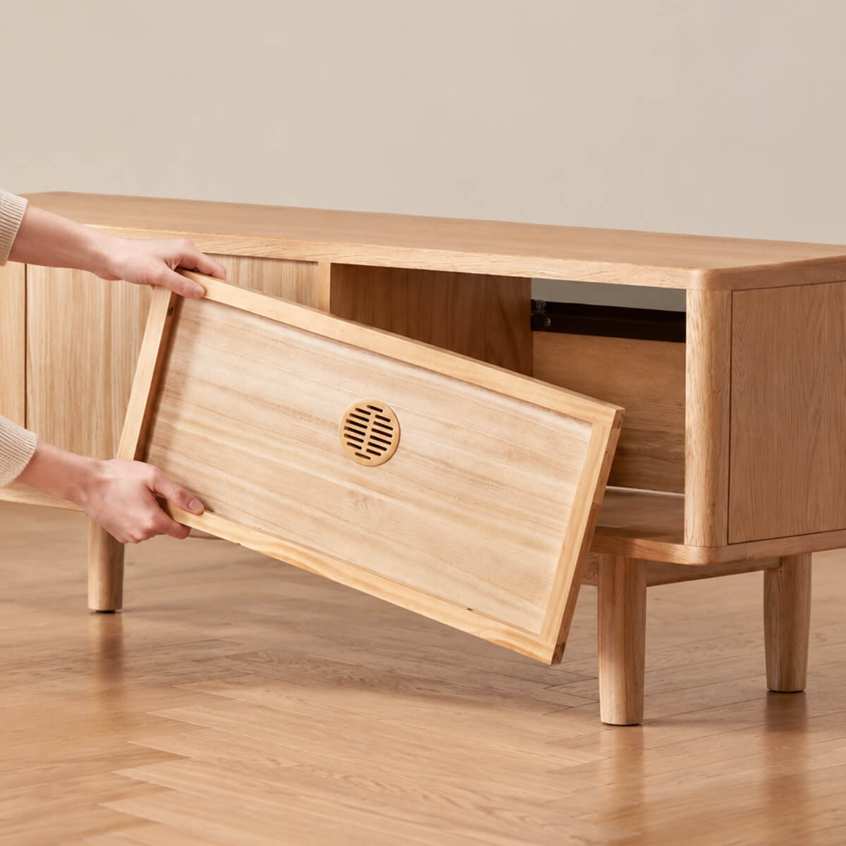 Toren solid oak TV unit with a tool-free removable rear panel for easy cable access
