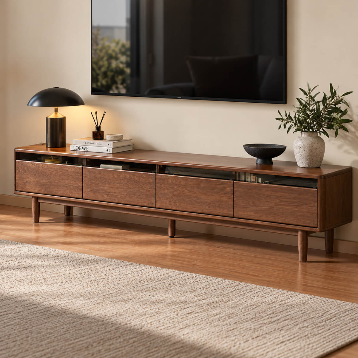 Toren solid oak TV unit in walnut stained oak in a contemporary living room