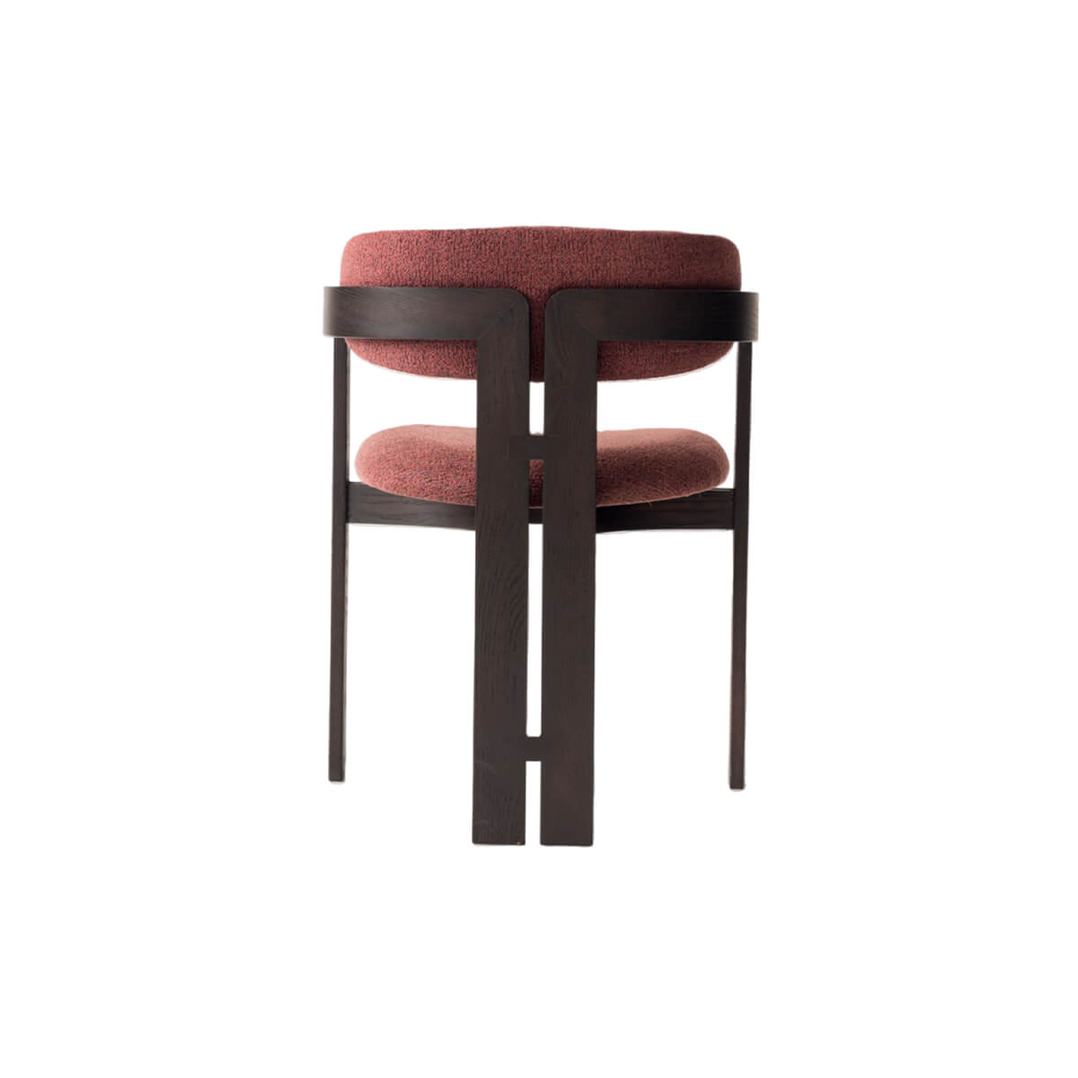 Back view of Tritt dining chair with black timber frame and red fabric upholstery