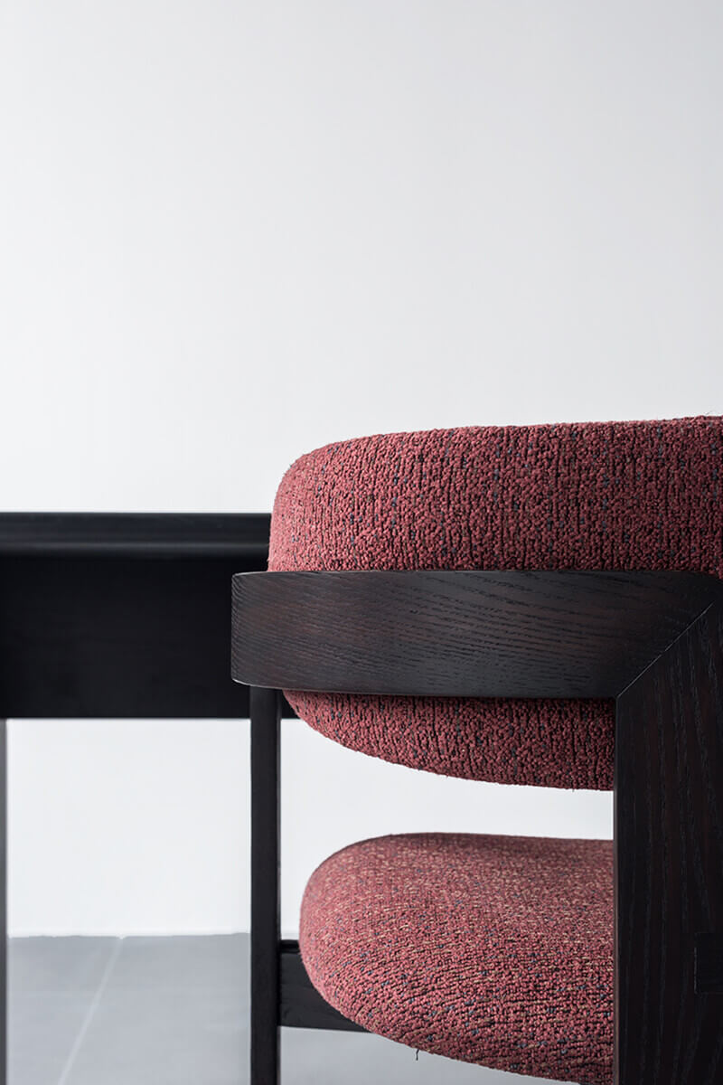 Close-up detail of Tritt dining chair showing upholstery texture and timber frame