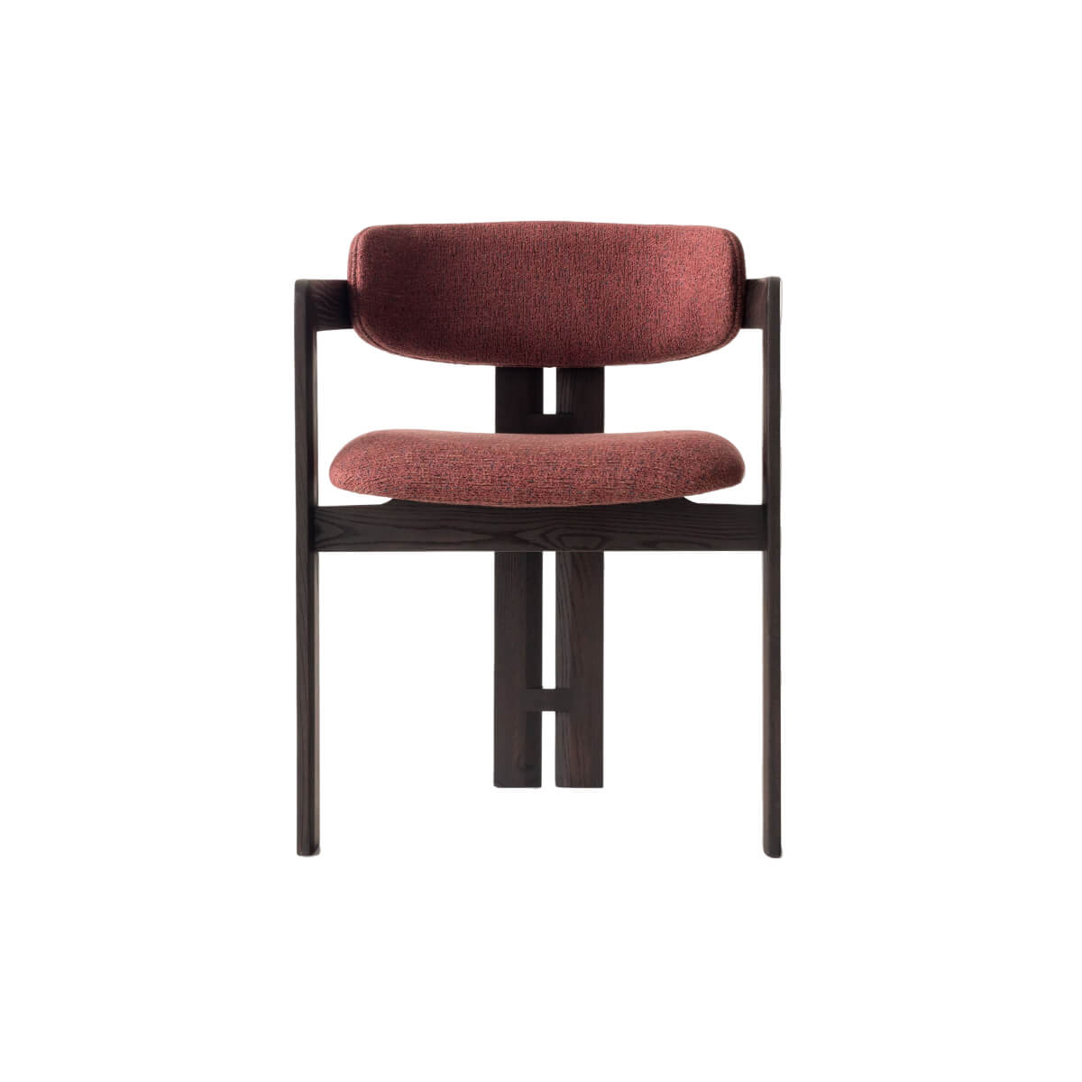 Front view of Tritt dining chair with black timber frame and red fabric upholstery