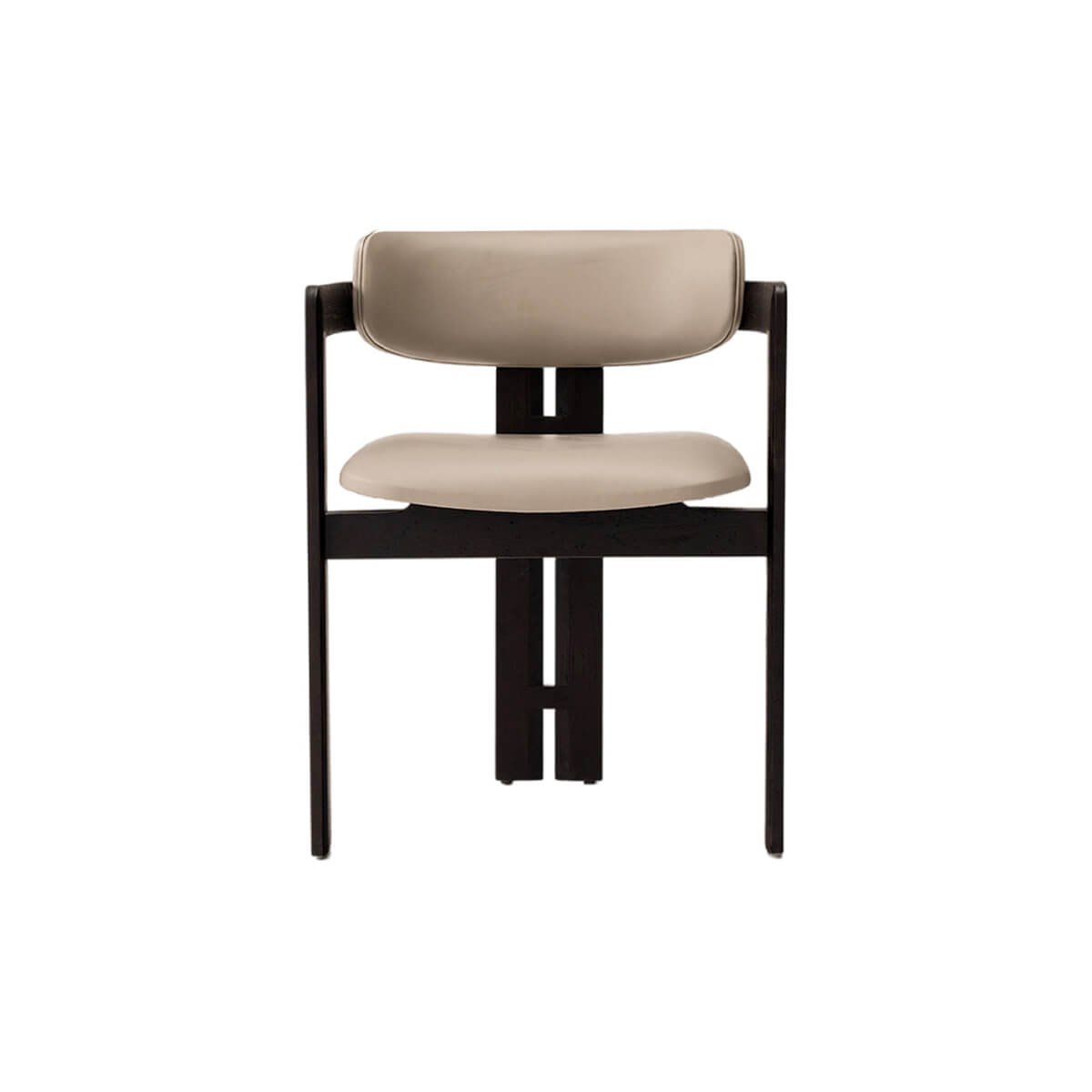 Front view of Tritt dining chair with walnut timber frame and beige upholstery