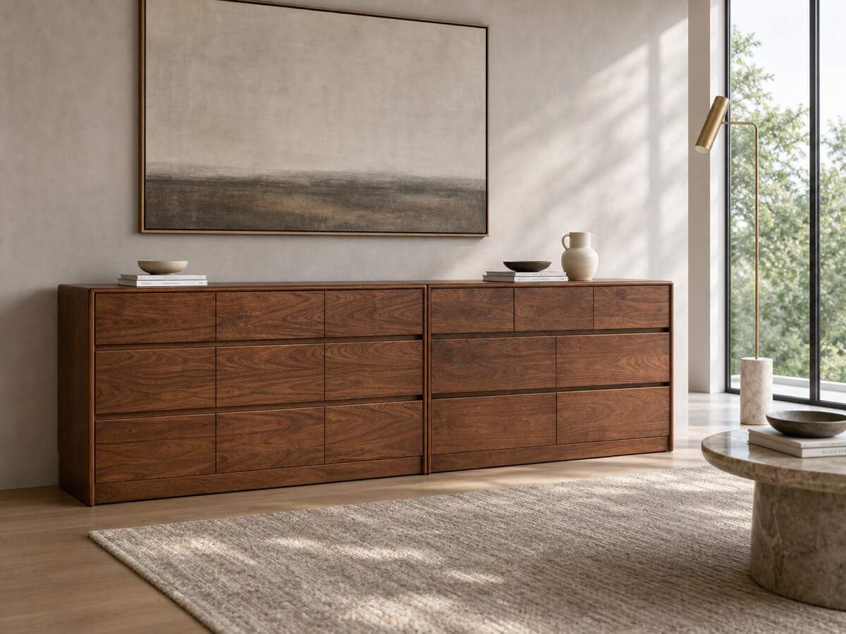 Tura Solid Walnut Chest of 7and 9 Drawers styled in a contemporary living room