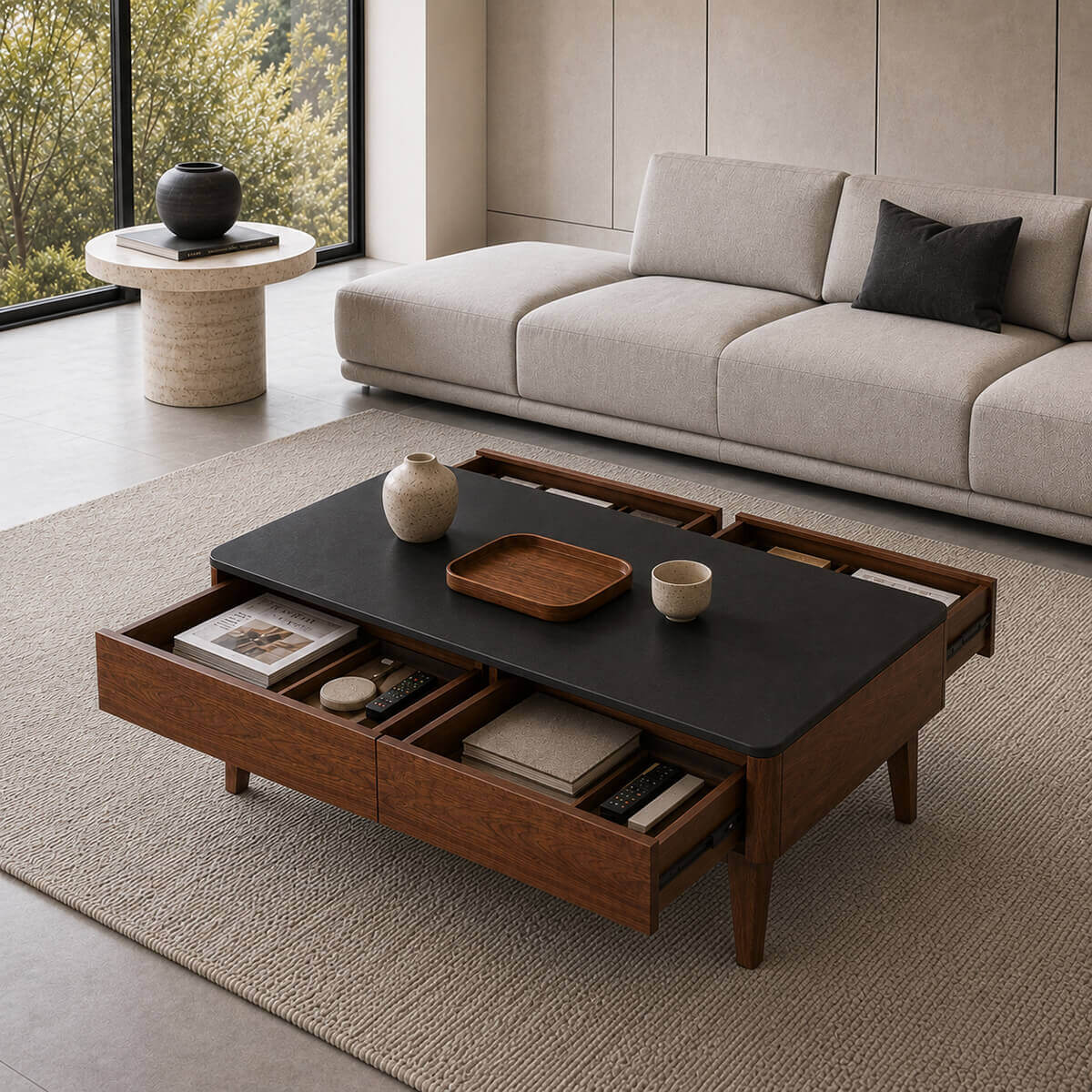 Tura coffee table with four spacious storage drawers open