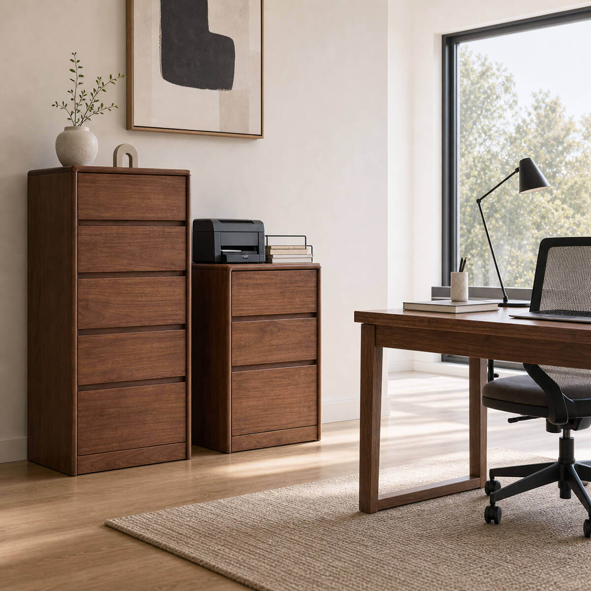 Tura Solid Walnut Chest of 5 Drawers (Tall) and 3 Drawers in a modern home office