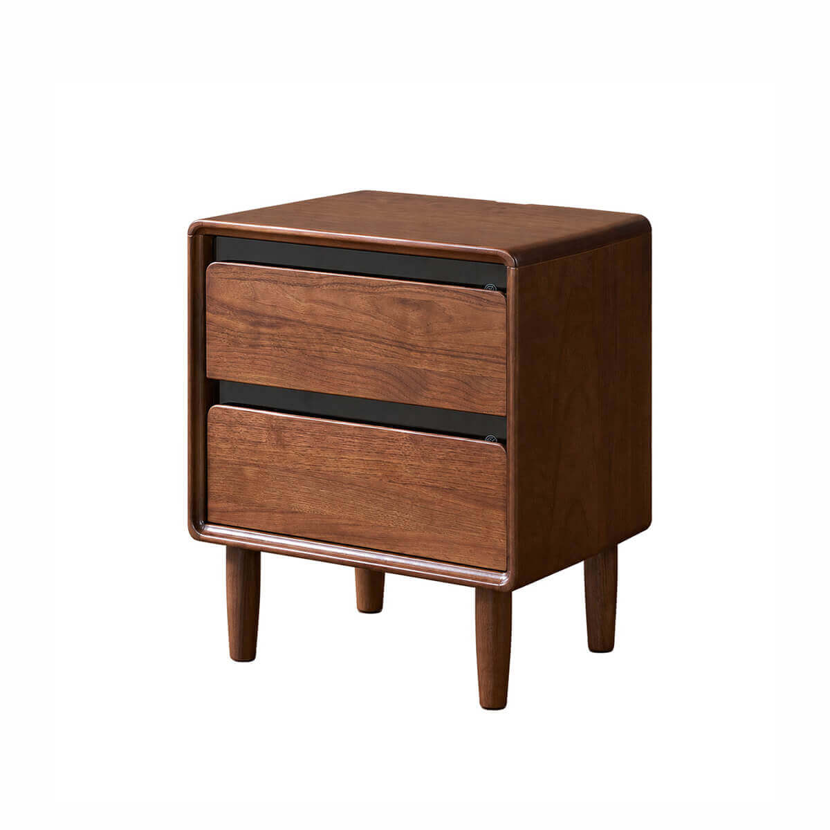 Tura solid walnut bedside table with tempered smoked glass on a white background