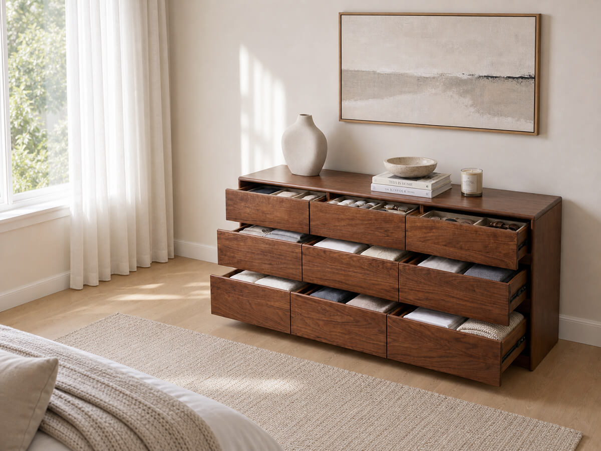 Tura Solid Walnut Chest of 9 Drawers in a contemporary bedroom