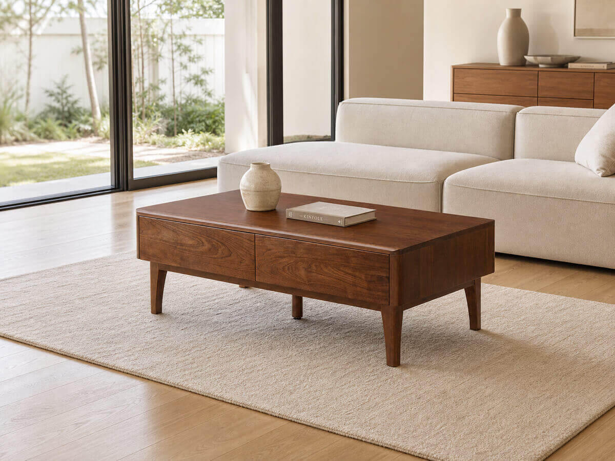 Tura solid walnut coffee table with walnut top in a bright contemporary living room