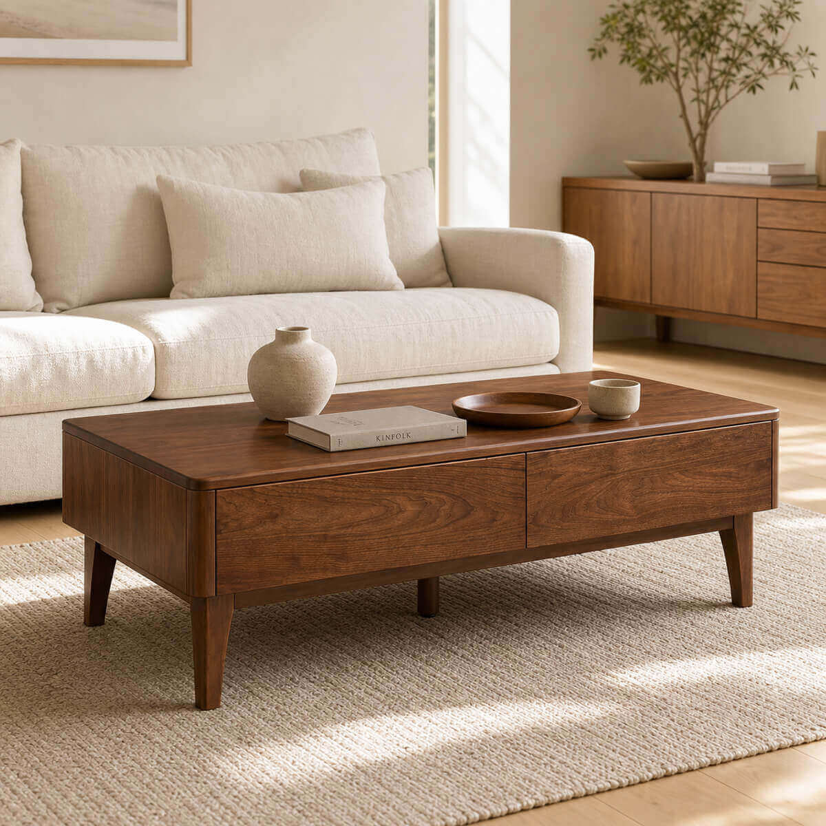 Tura solid walnut coffee table in a modern living room with solid walnut top
