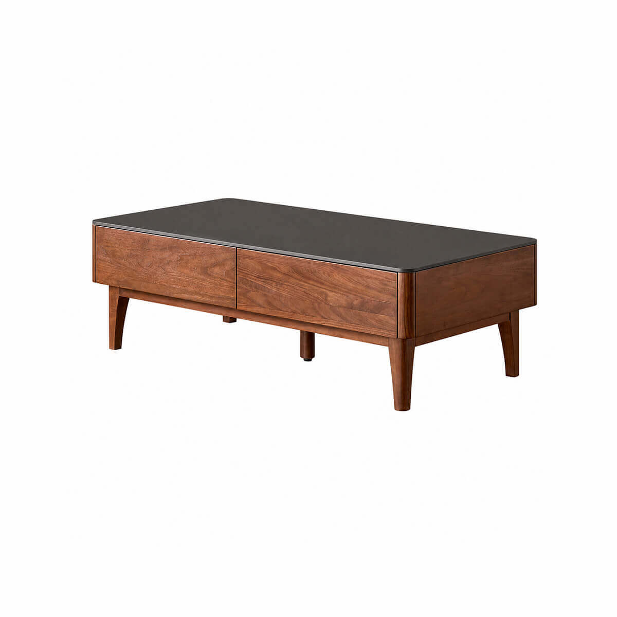 Tura solid walnut coffee table with sintered stone top on white background