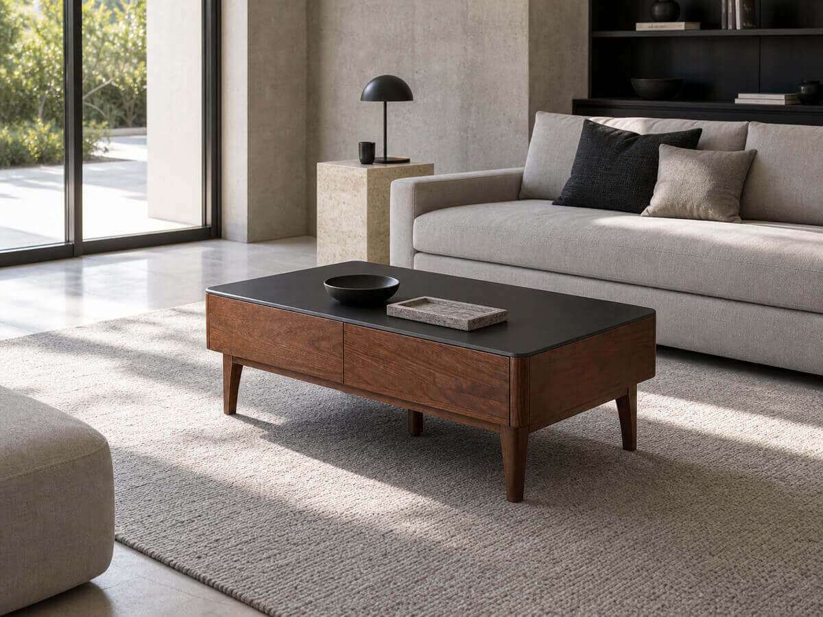 Tura walnut coffee table with black sintered stone top in a spacious modern living room