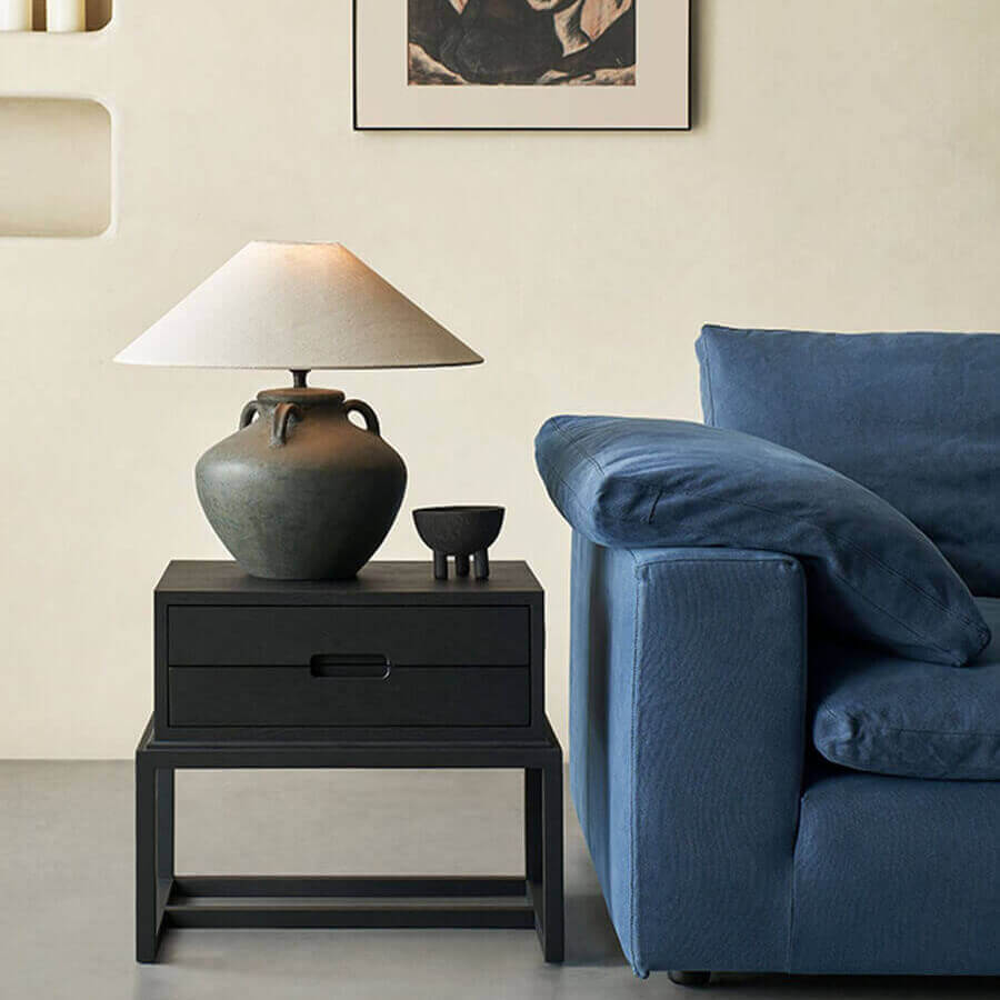 Venus timber bedside table used as a side table in a modern living room
