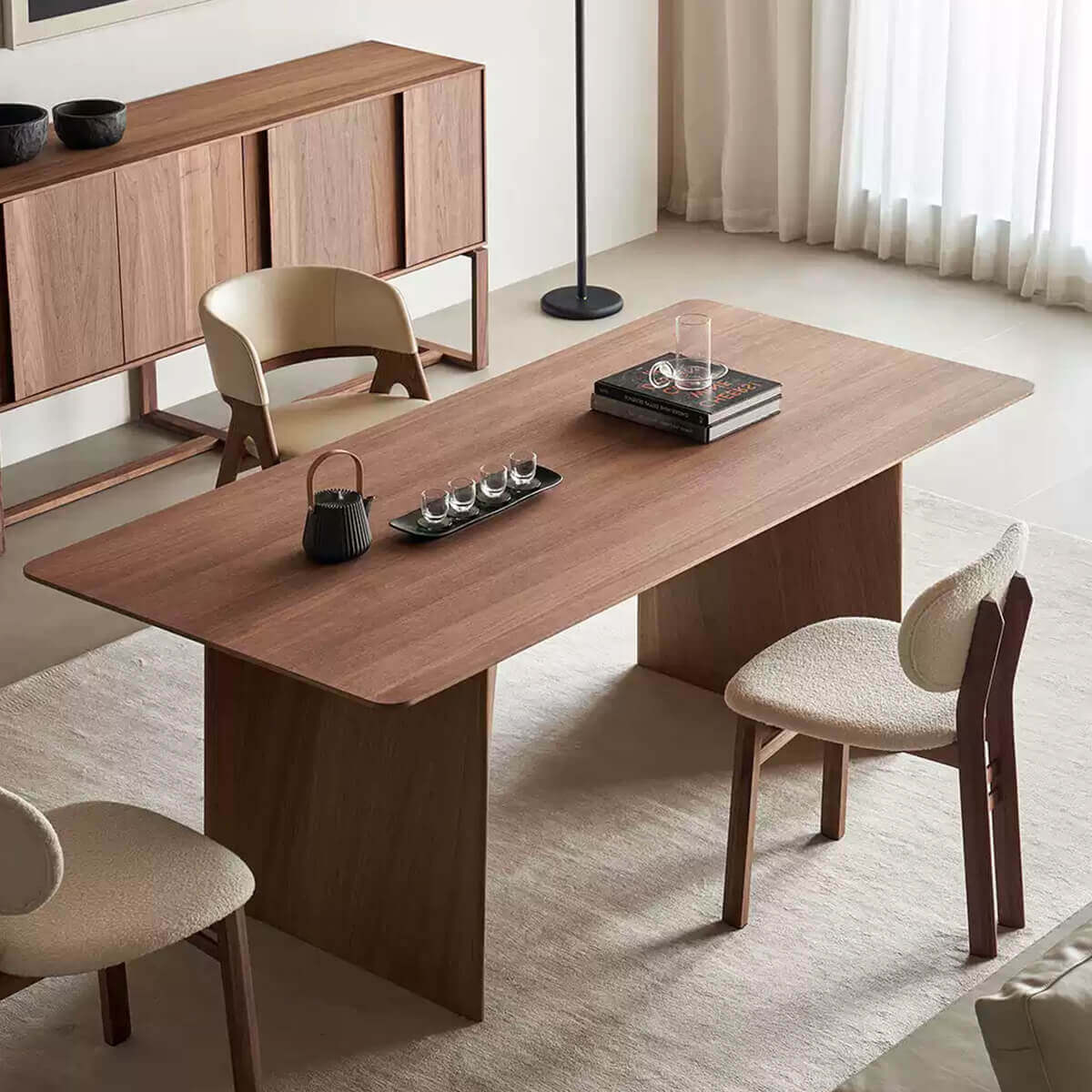 Vertex dining table styled in a contemporary dining room