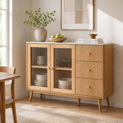 Voss solid oak sideboard with sintered stone top and reeded glass doors