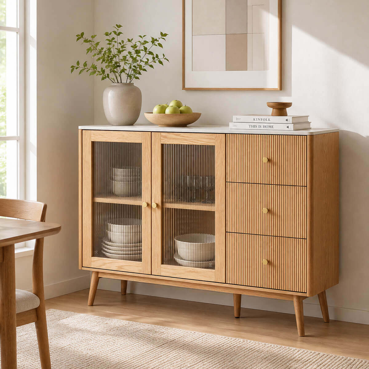 Voss solid oak sideboard with sintered stone top and reeded glass doors