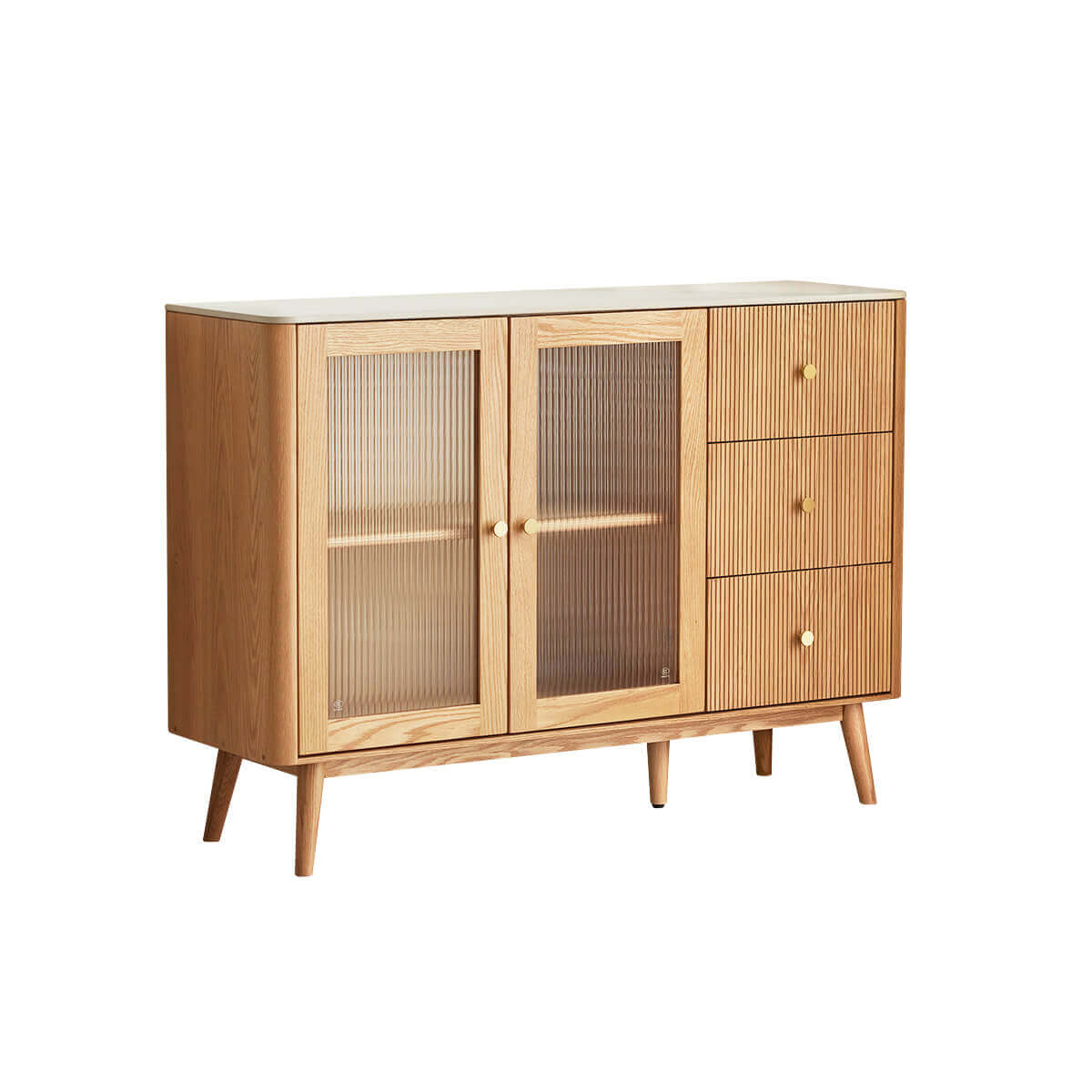 Voss solid oak sideboard in Natural Oak with sintered stone top, reeded glass doors and three drawers.