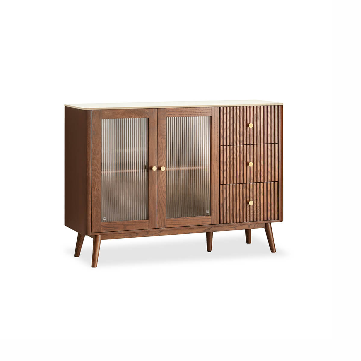 Voss solid oak sideboard in Walnut stained finish with sintered stone top, reeded glass doors and three drawers.