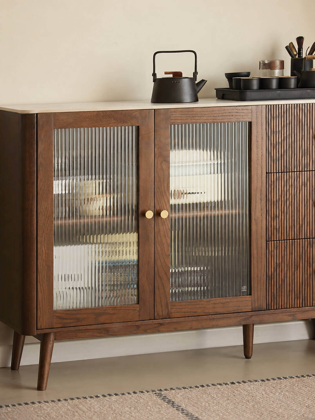 Voss solid oak sideboard in Walnut stained finish styled in a dining room.