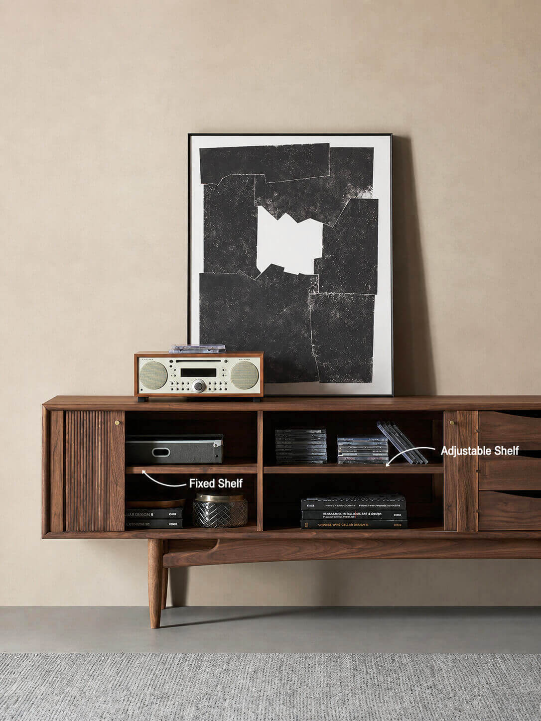 Wave Tambour TV Unit with tambour doors open showing interior storage