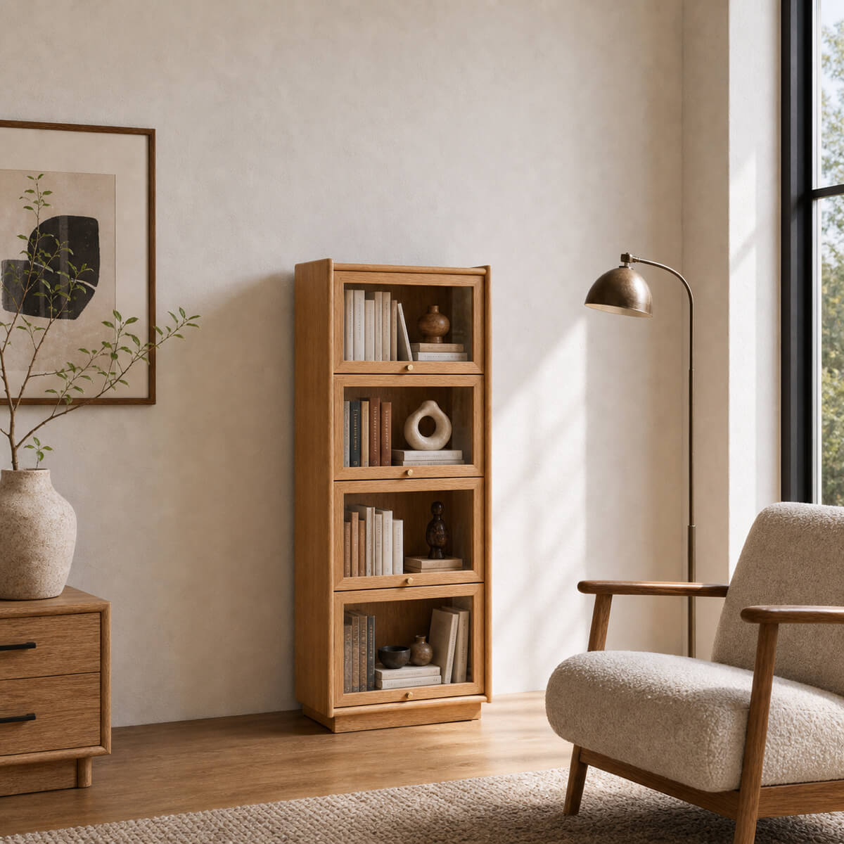 Winston solid oak cabinet used for book and decor storage
