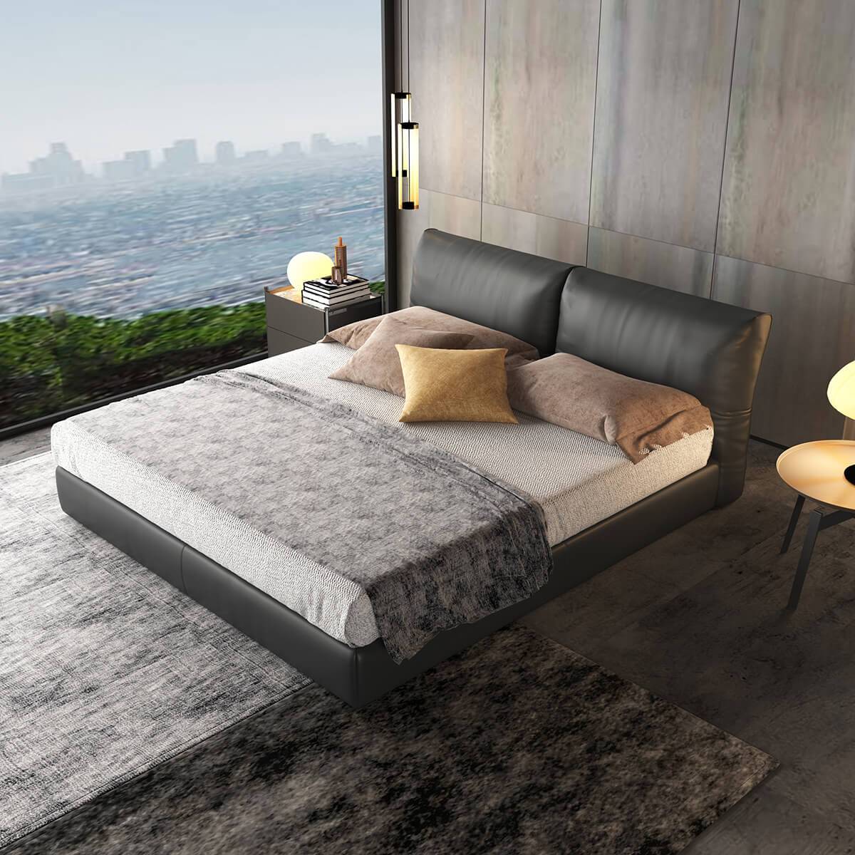 Angled view of the Brighton Merino Leather Bed Frame